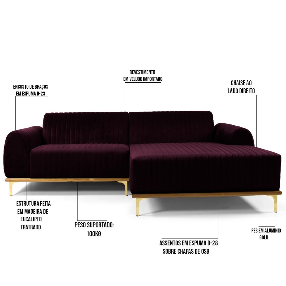Sofá 265cm 4 Lugares com Chaise Direito Pés Gold Molino B-292 Veludo Uva - Domi