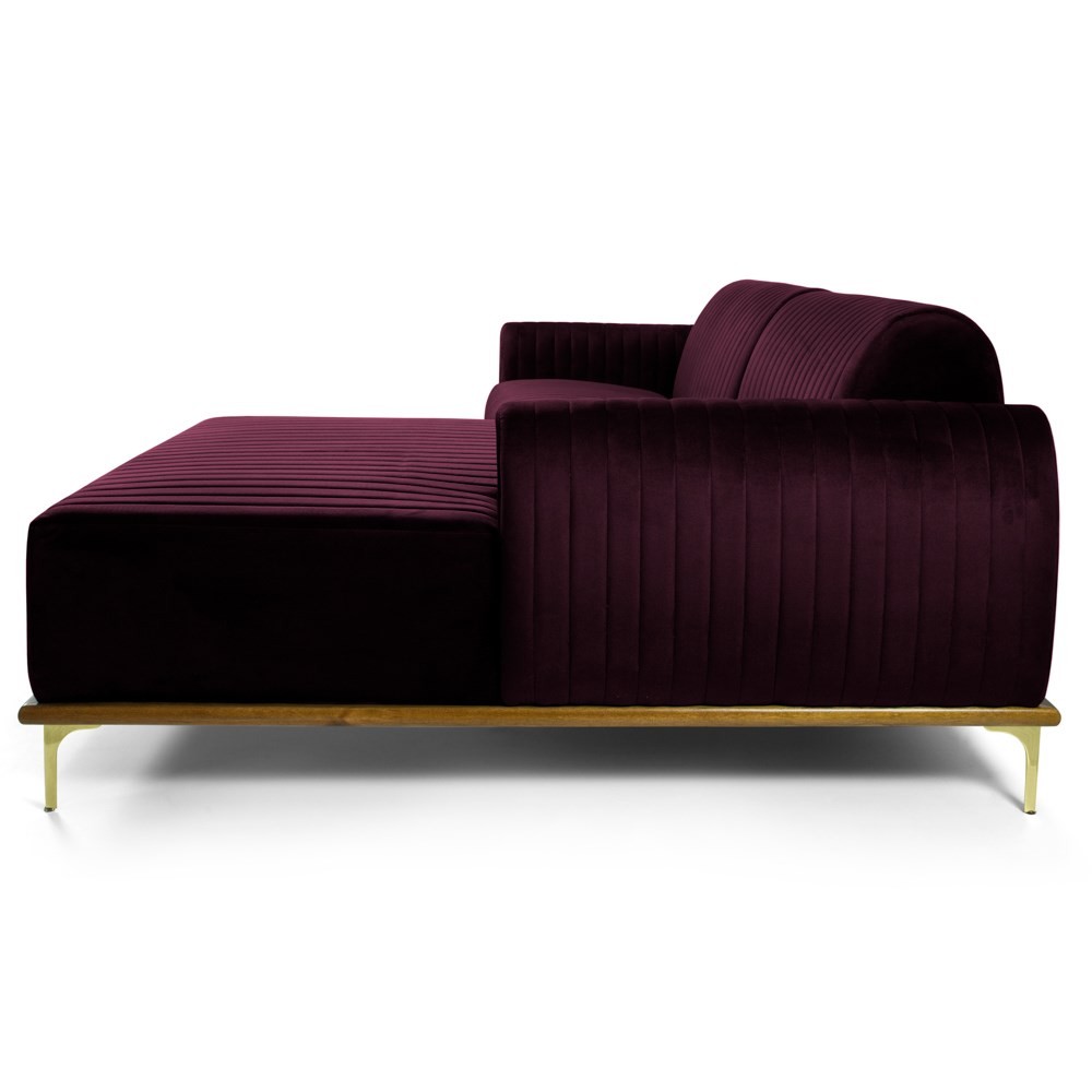 Sofá 265cm 4 Lugares com Chaise Direito Pés Gold Molino B-292 Veludo Uva - Domi