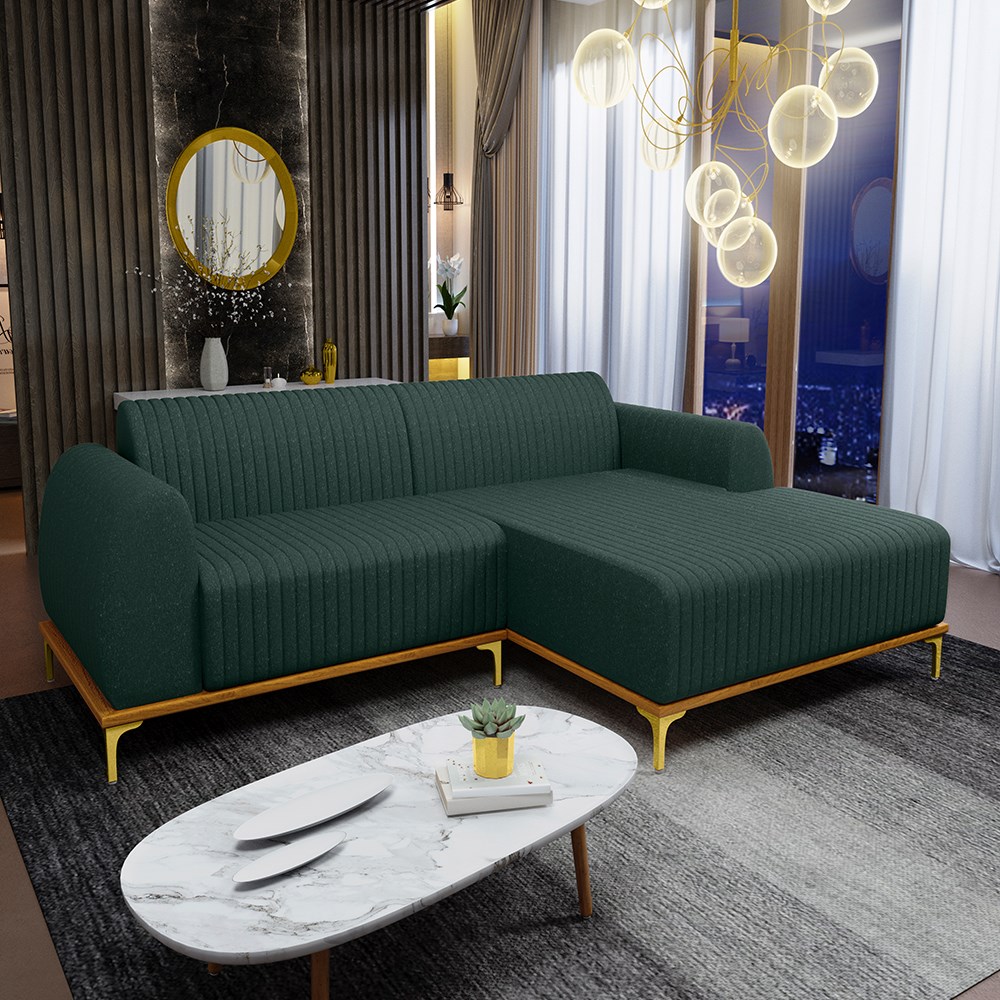 Sofá 265cm 4 Lugares com Chaise Direito Pés Gold Molino C-117 Linho Verde - Domi