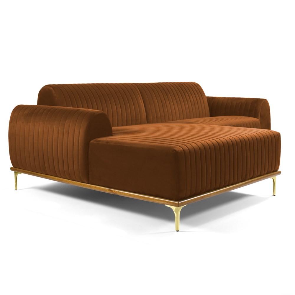 Sofá 265cm 4 Lugares com Chaise Esquerdo Pés Gold Molino B-262 Veludo Telha - Domi