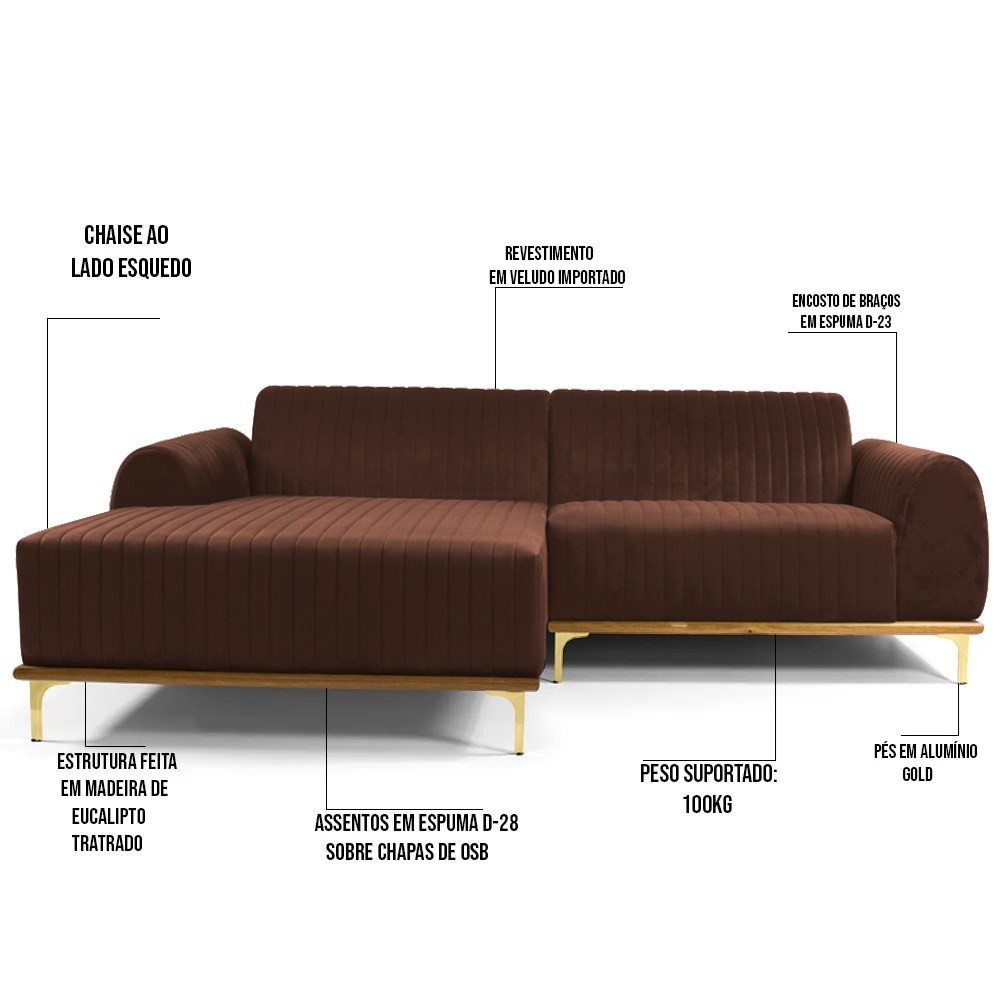 Sofá 265cm 4 Lugares com Chaise Esquerdo Pés Gold Molino B-276 Veludo Terra - Domi