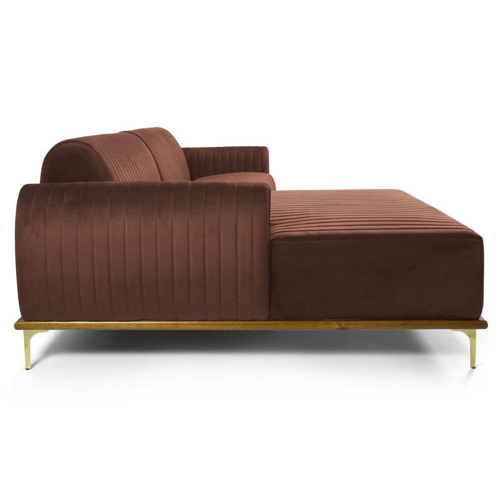 Sofá 265cm 4 Lugares com Chaise Esquerdo Pés Gold Molino B-276 Veludo Terra - Domi