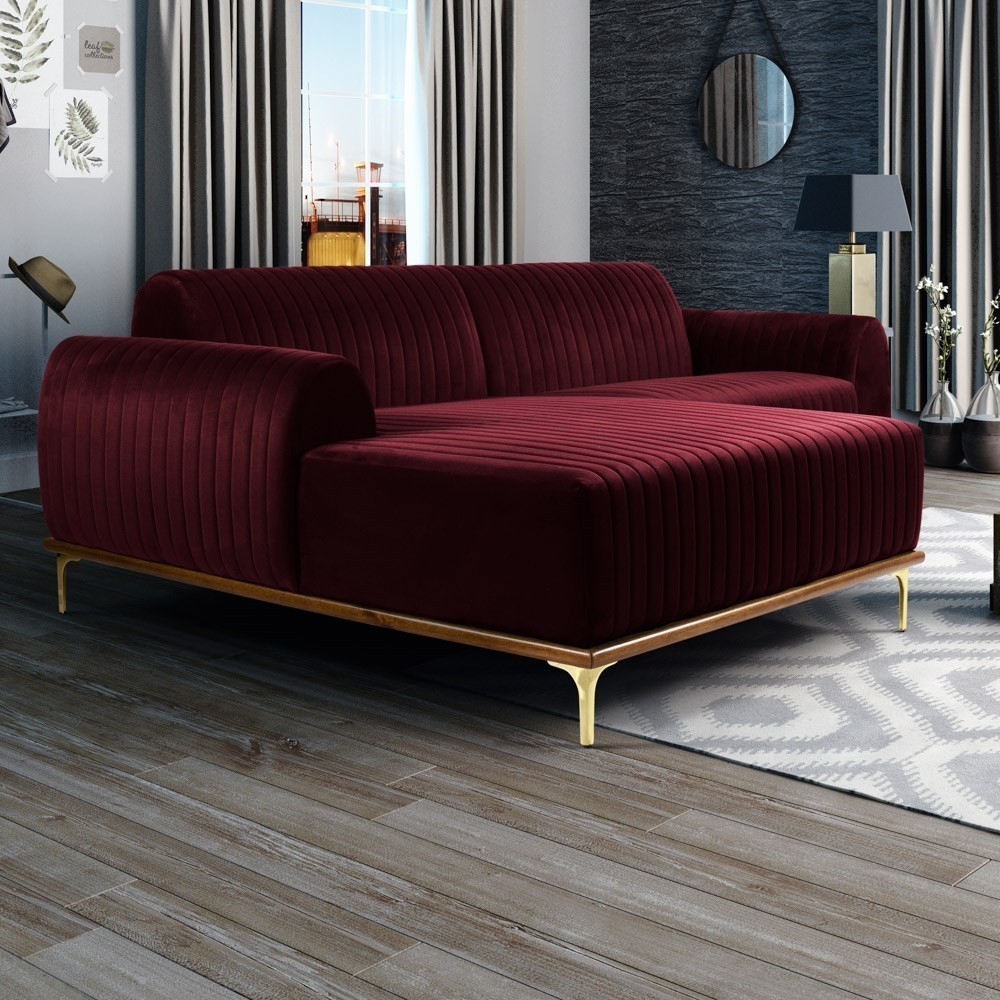 Sofá 265cm 4 Lugares com Chaise Esquerdo Pés Gold Molino B-278 Veludo Marsala - Domi