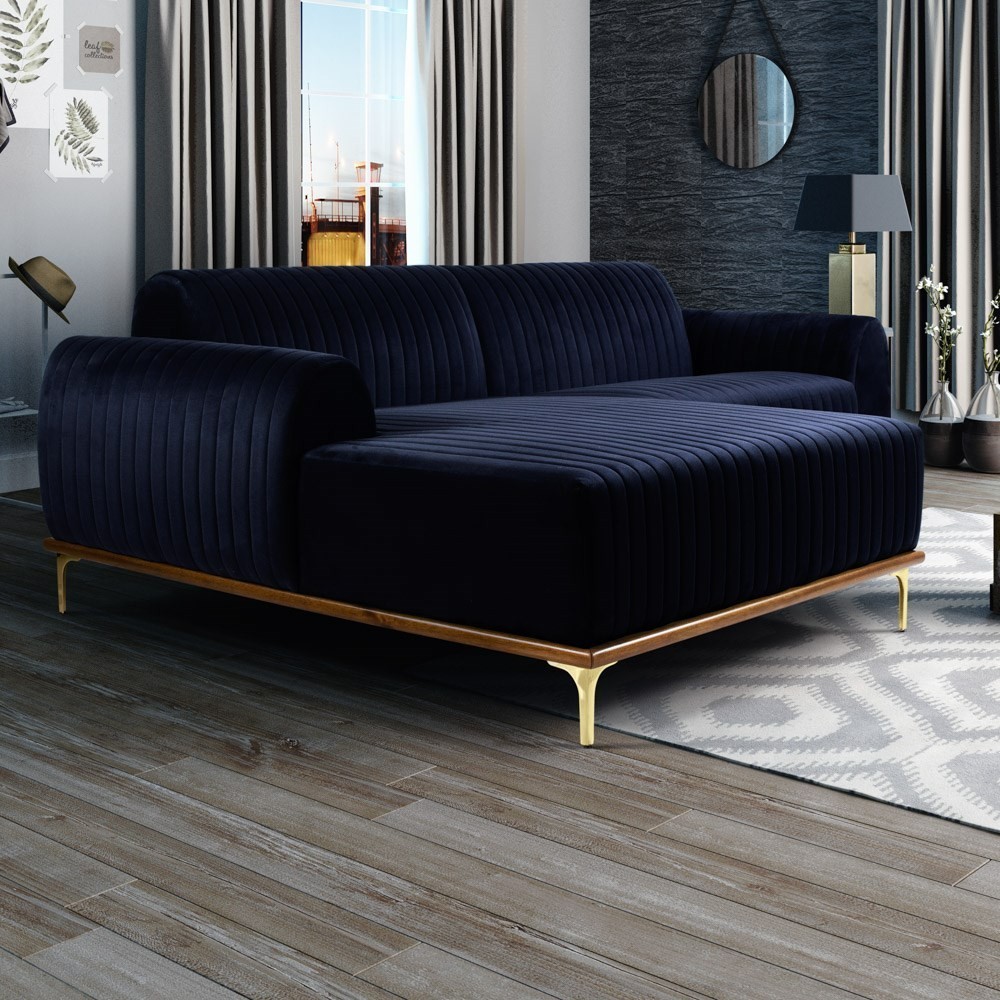Sofá 265cm 4 Lugares com Chaise Esquerdo Pés Gold Molino B-287 Veludo Marinho - Domi