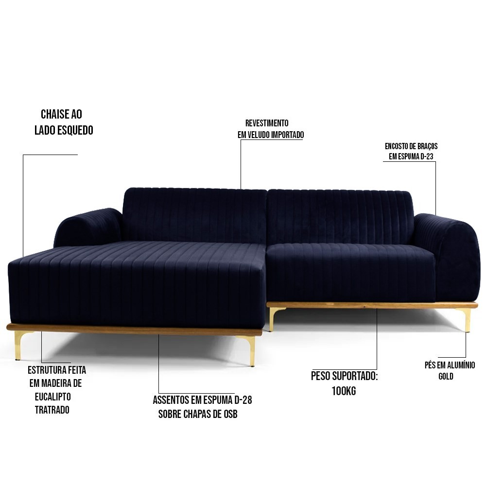 Sofá 265cm 4 Lugares com Chaise Esquerdo Pés Gold Molino B-287 Veludo Marinho - Domi