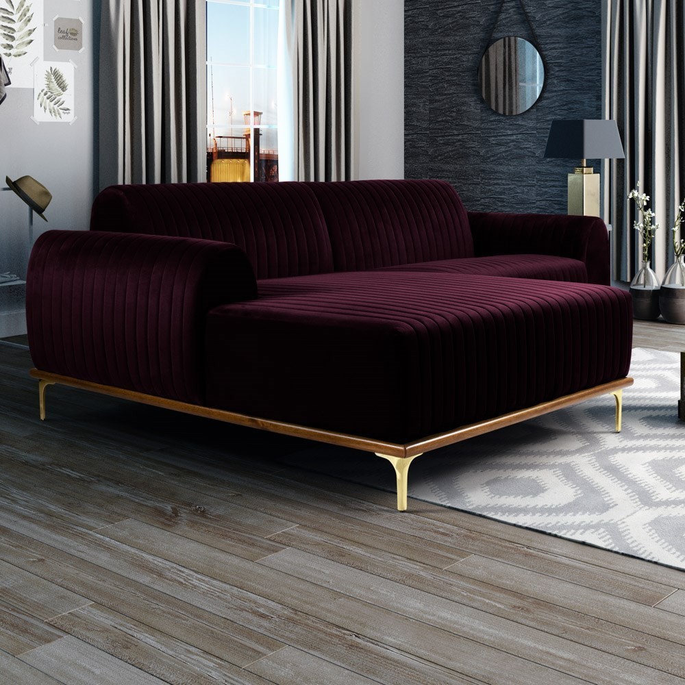 Sofá 265cm 4 Lugares com Chaise Esquerdo Pés Gold Molino B-292 Veludo Uva - Domi