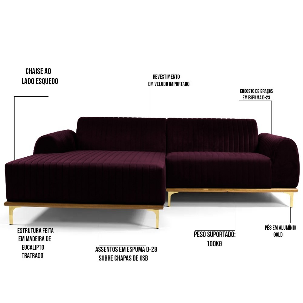 Sofá 265cm 4 Lugares com Chaise Esquerdo Pés Gold Molino B-292 Veludo Uva - Domi