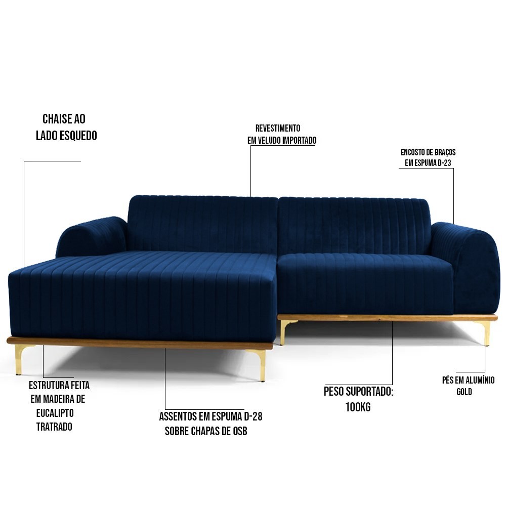 Sofá 265cm 4 Lugares com Chaise Esquerdo Pés Gold Molino B-304 Veludo Azul Marinho - Domi