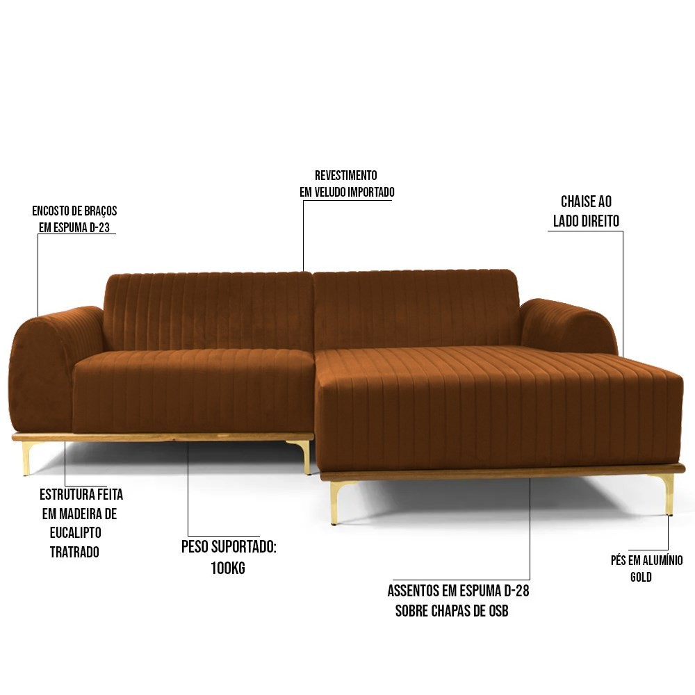 Sofá 300cm 5 Lugares com Chaise Direito Pés Gold Molino B-262 Veludo Telha - Domi