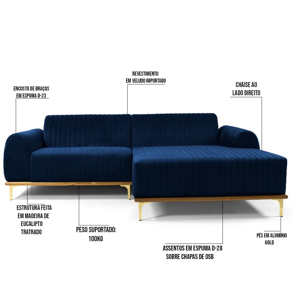 Sofá 300cm 5 Lugares com Chaise Direito Pés Gold Molino B-304 Veludo Azul Marinho - Domi