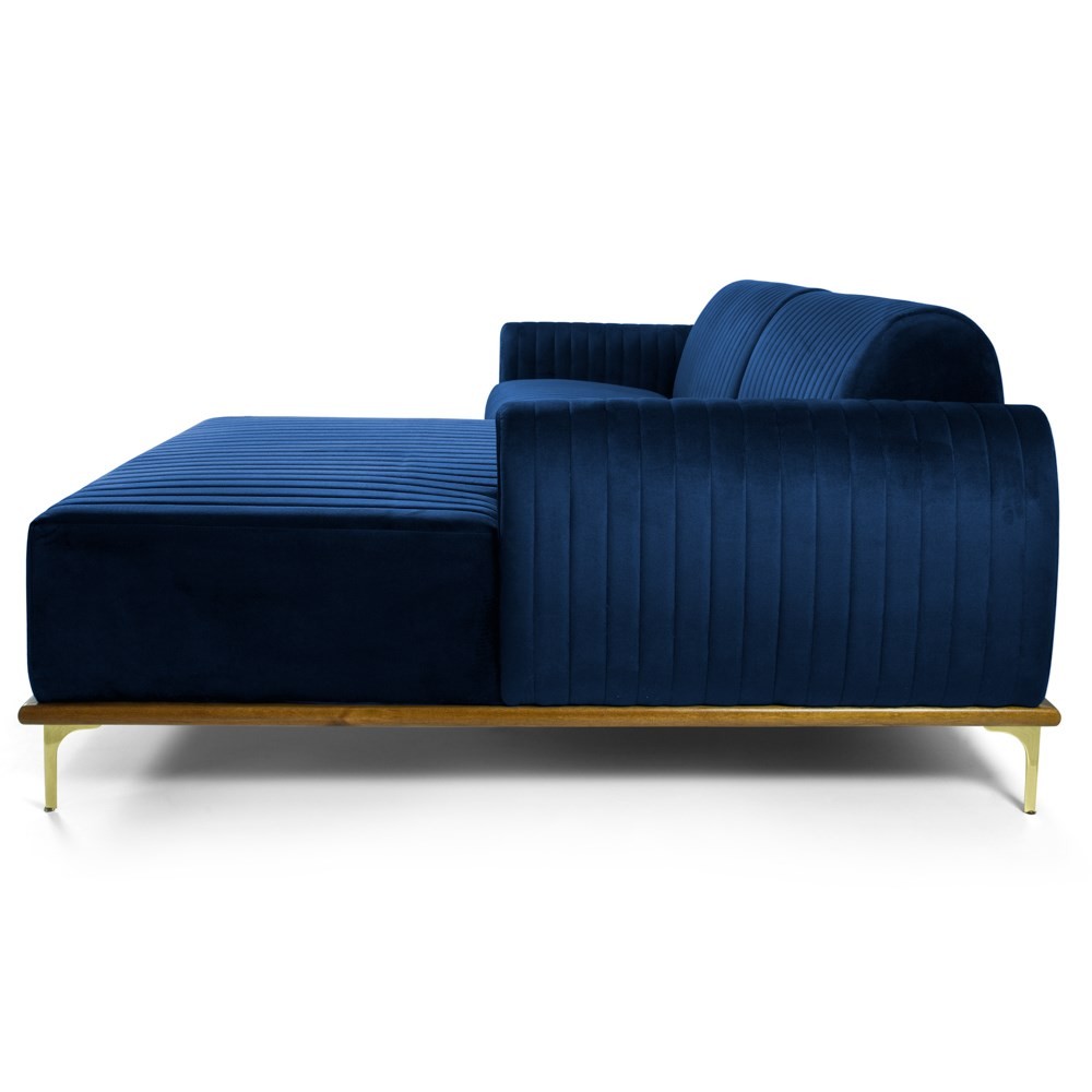 Sofá 300cm 5 Lugares com Chaise Direito Pés Gold Molino B-304 Veludo Azul Marinho - Domi