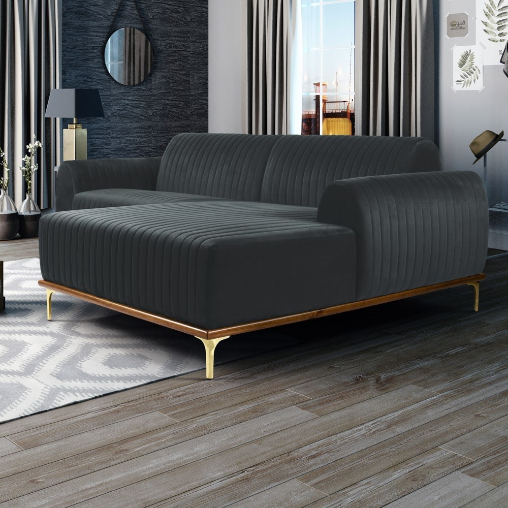 Sofá 300cm 5 Lugares com Chaise Direito Pés Gold Molino B-317 Veludo Cinza - Domi