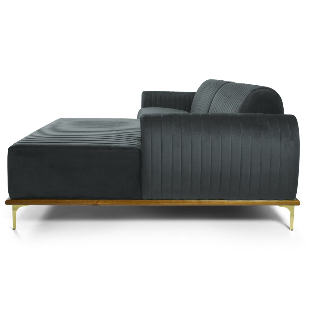 Sofá 300cm 5 Lugares com Chaise Direito Pés Gold Molino B-317 Veludo Cinza - Domi