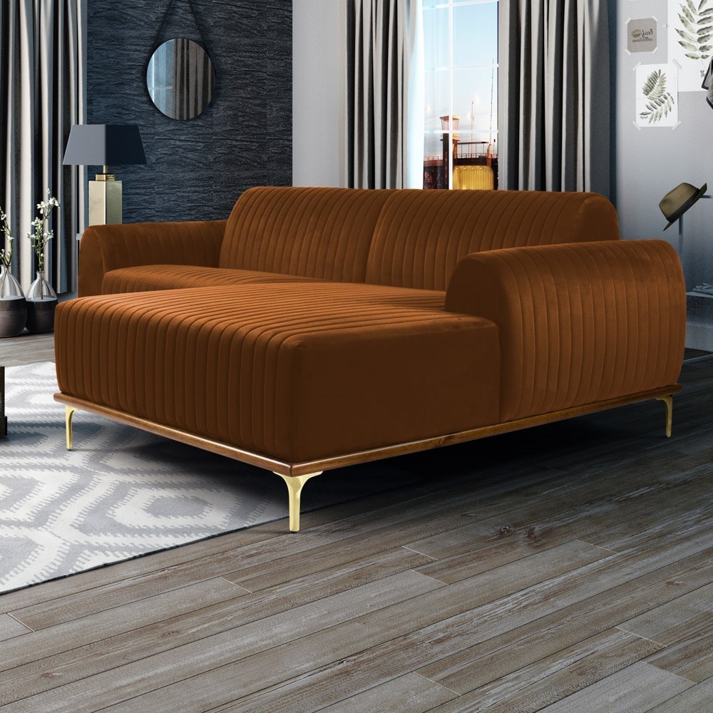 Sofá 320cm 5 Lugares com Chaise Direito Pés Gold Molino B-262 Veludo Telha - Domi