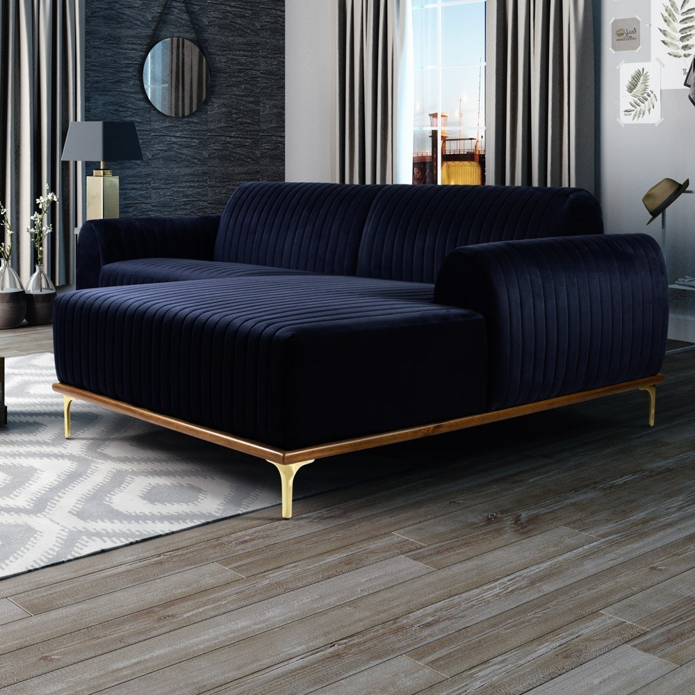 Sofá 320cm 5 Lugares com Chaise Direito Pés Gold Molino B-287 Veludo Marinho - Domi