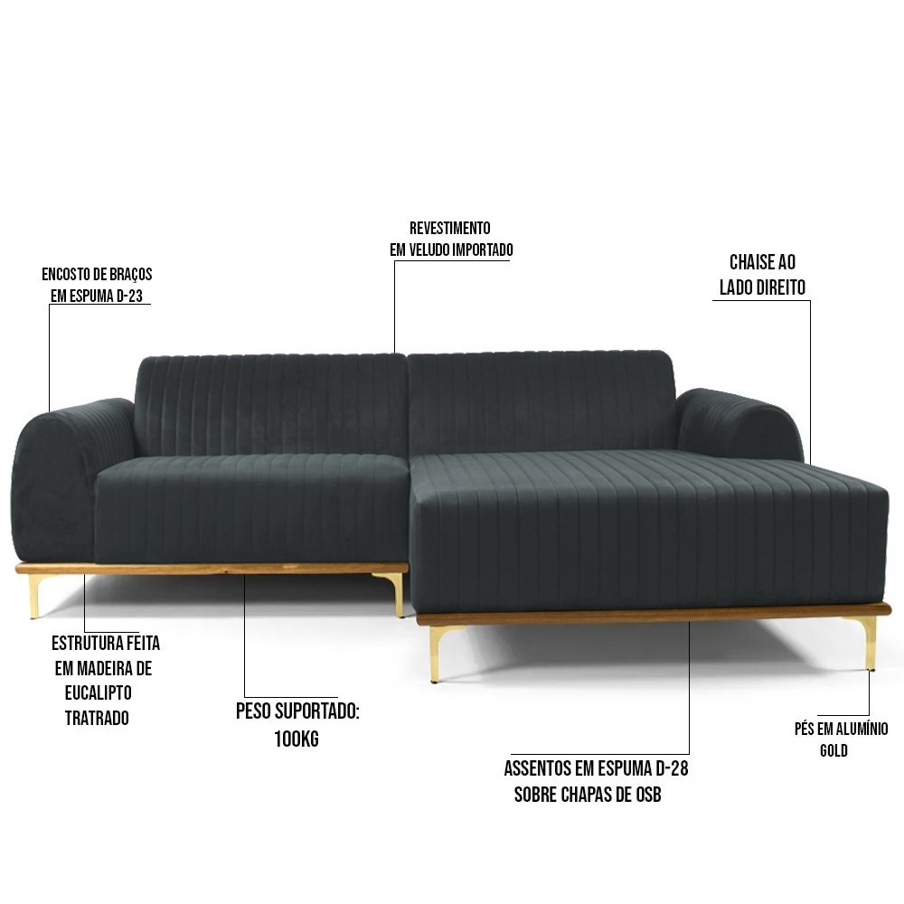 Sofá 320cm 5 Lugares com Chaise Direito Pés Gold Molino B-317 Veludo Cinza - Domi