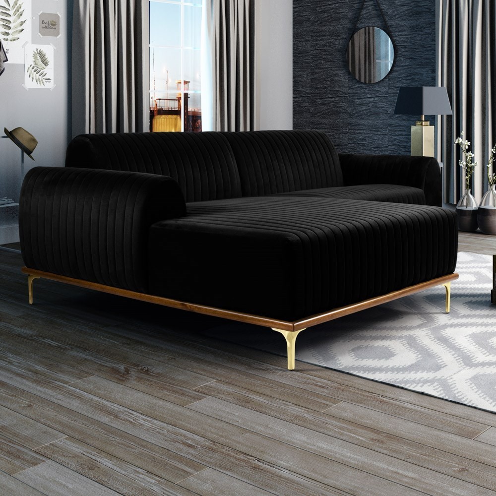 Sofá 320cm 5 Lugares com Chaise Esquerdo Pés Gold Molino B-300 Veludo Preto - Domi