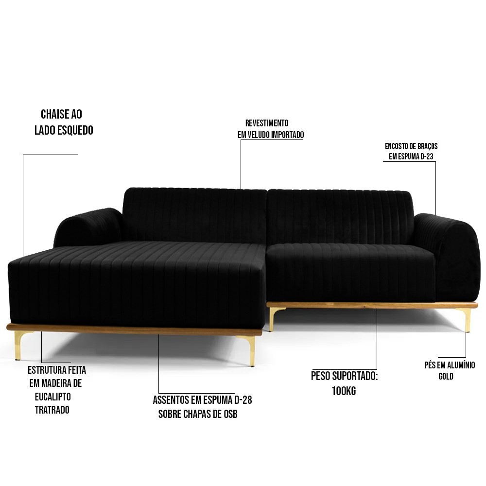 Sofá 320cm 5 Lugares com Chaise Esquerdo Pés Gold Molino B-300 Veludo Preto - Domi