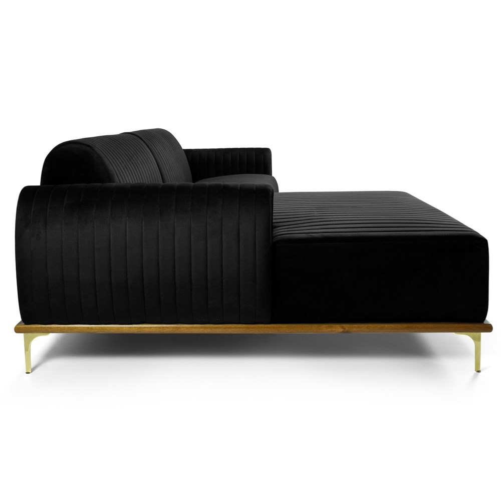 Sofá 320cm 5 Lugares com Chaise Esquerdo Pés Gold Molino B-300 Veludo Preto - Domi