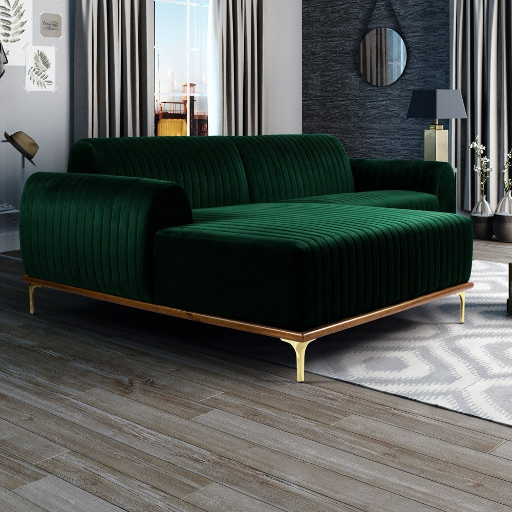 Sofá 320cm 5 Lugares com Chaise Esquerdo Pés Gold Molino B-303 Veludo Verde Musgo - Domi