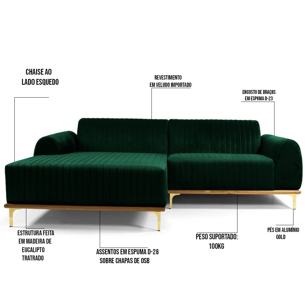 Sofá 320cm 5 Lugares com Chaise Esquerdo Pés Gold Molino B-303 Veludo Verde Musgo - Domi