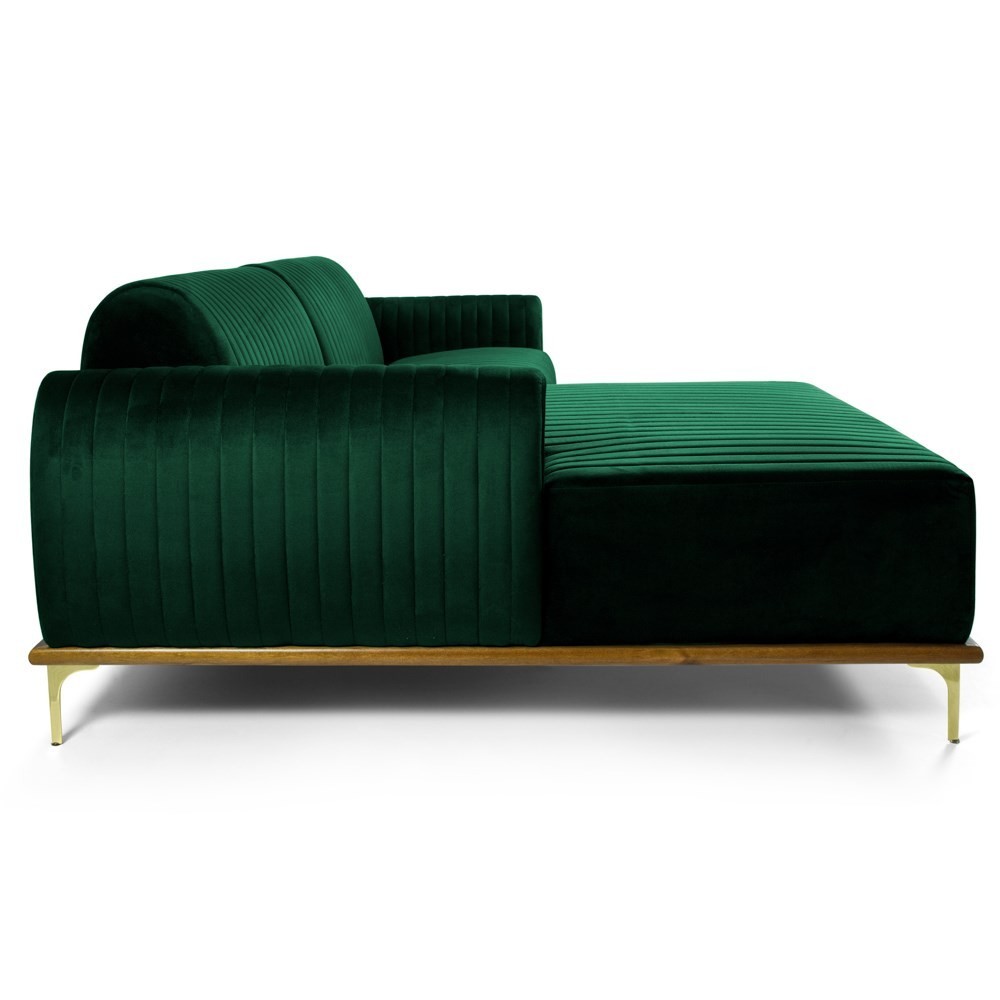 Sofá 320cm 5 Lugares com Chaise Esquerdo Pés Gold Molino B-303 Veludo Verde Musgo - Domi