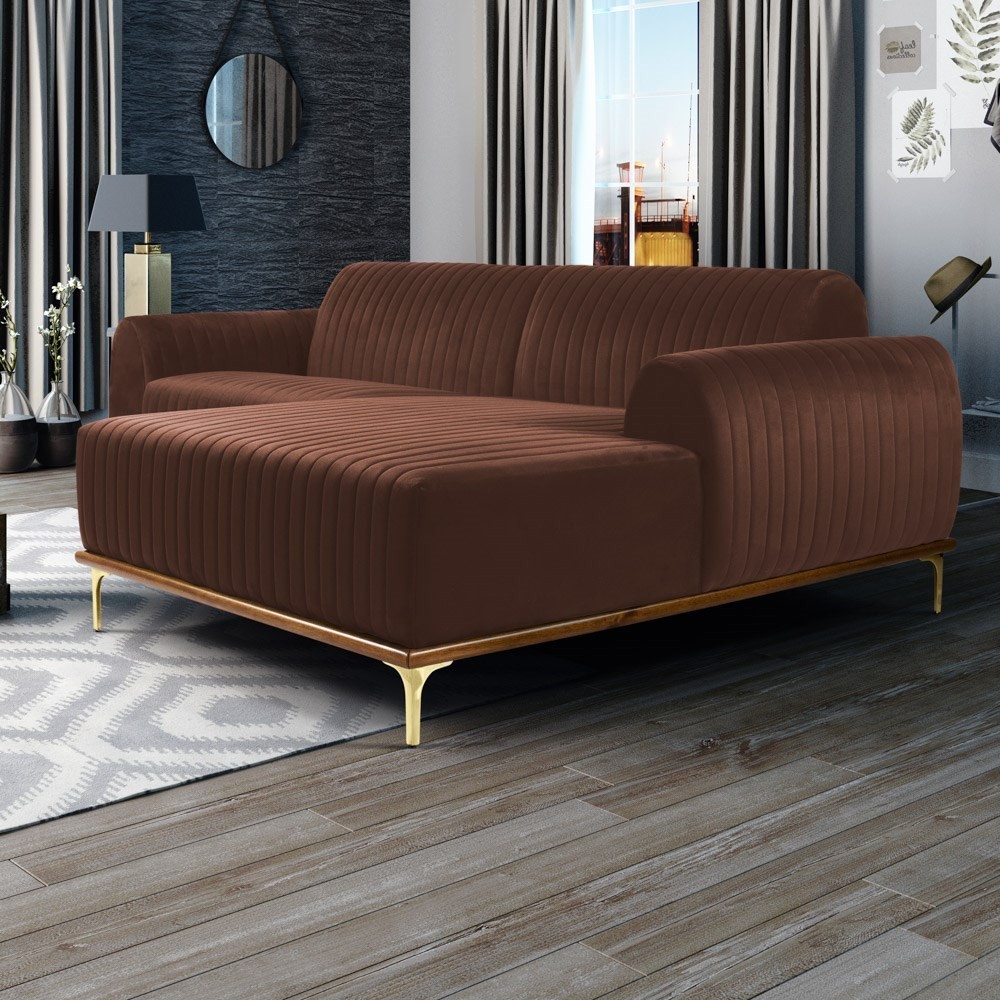 Sofá 350cm 6 Lugares com Chaise Direito Pés Gold Molino B-276 Veludo Terra - Domi