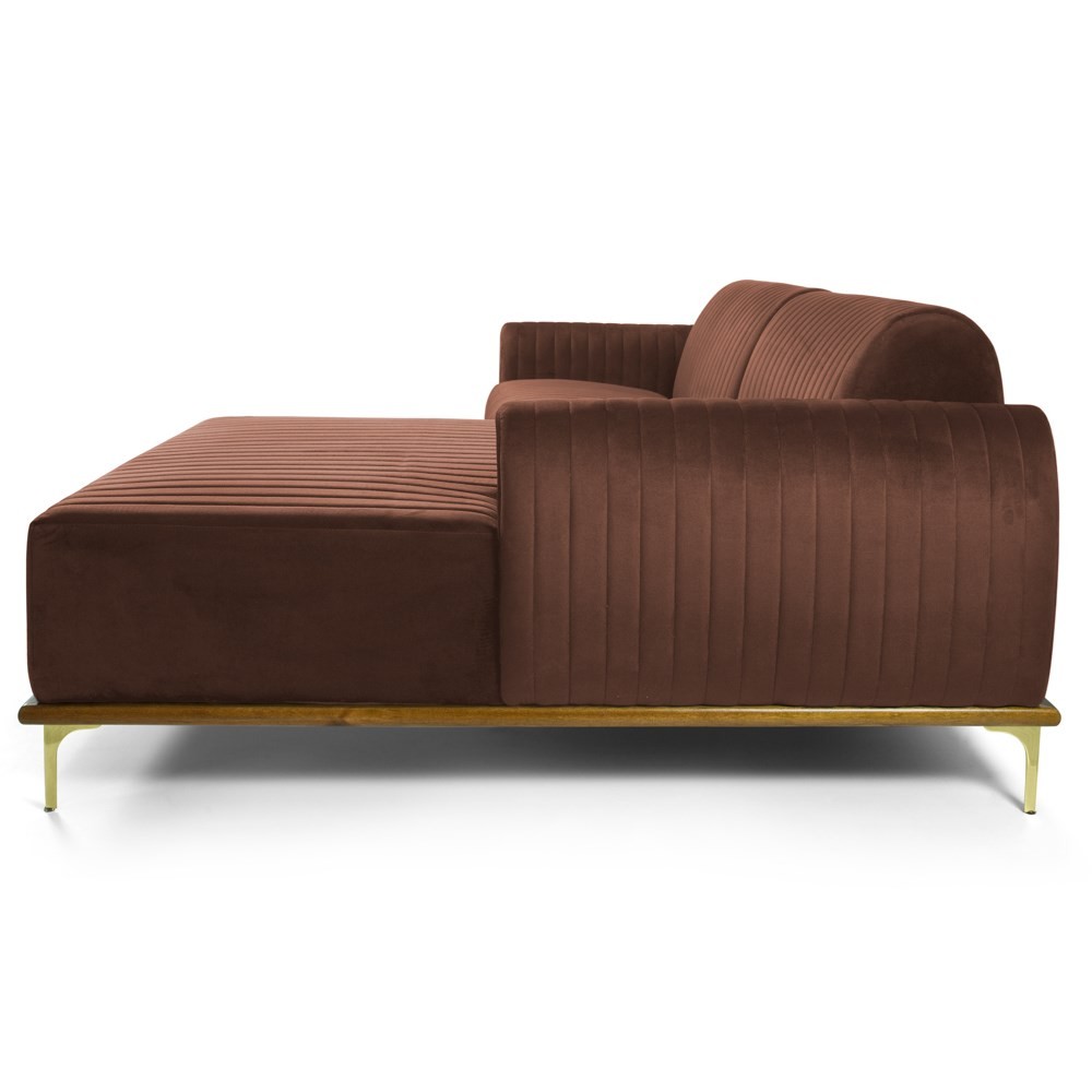 Sofá 350cm 6 Lugares com Chaise Direito Pés Gold Molino B-276 Veludo Terra - Domi