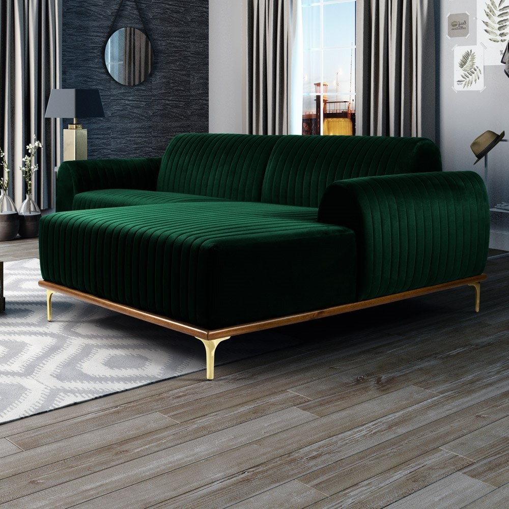 Sofá 350cm 6 Lugares com Chaise Direito Pés Gold Molino B-303 Veludo Verde Musgo - Domi