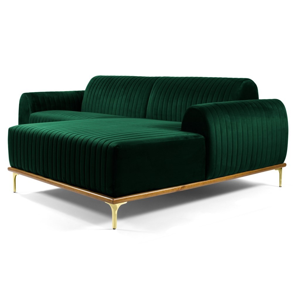 Sofá 350cm 6 Lugares com Chaise Direito Pés Gold Molino B-303 Veludo Verde Musgo - Domi