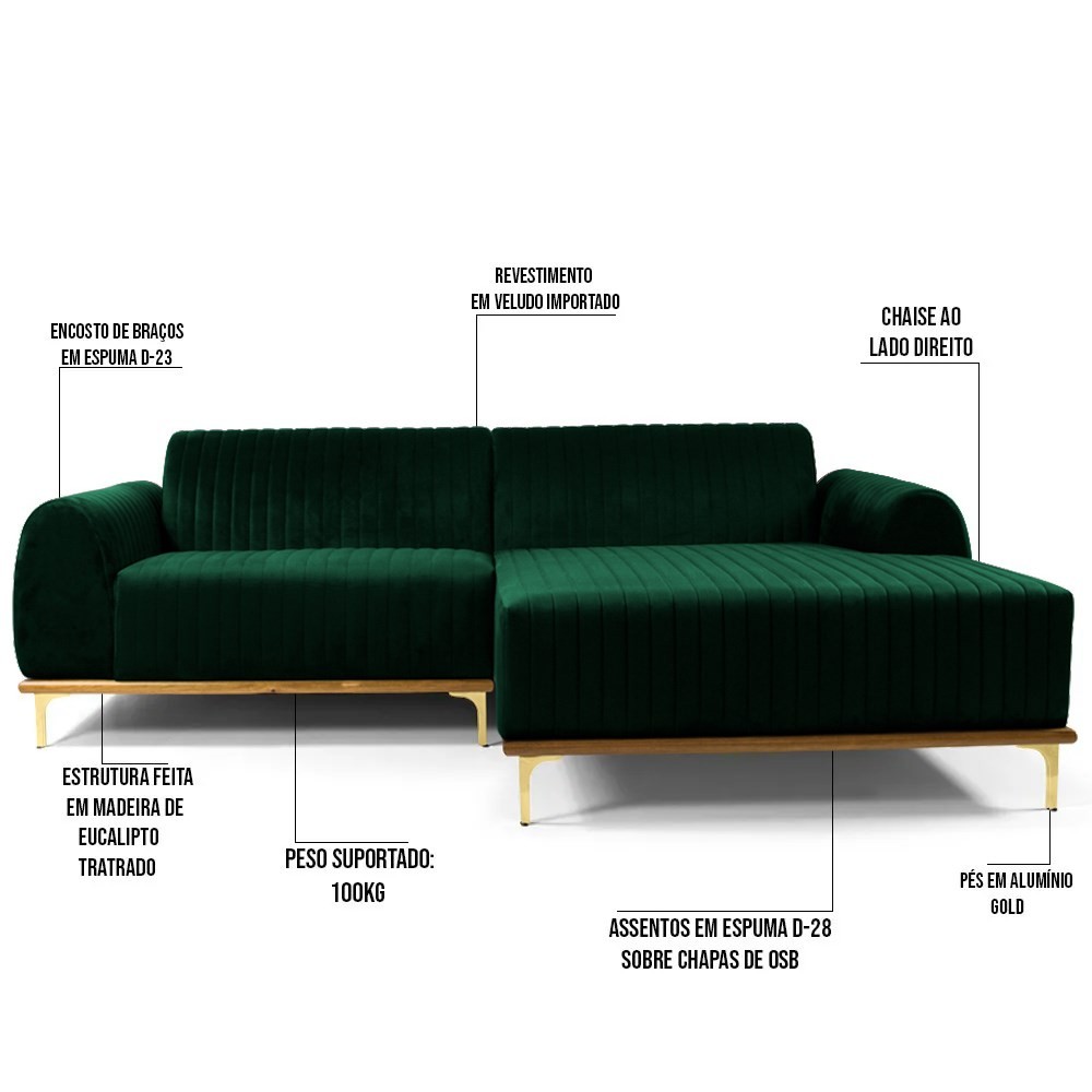 Sofá 350cm 6 Lugares com Chaise Direito Pés Gold Molino B-303 Veludo Verde Musgo - Domi