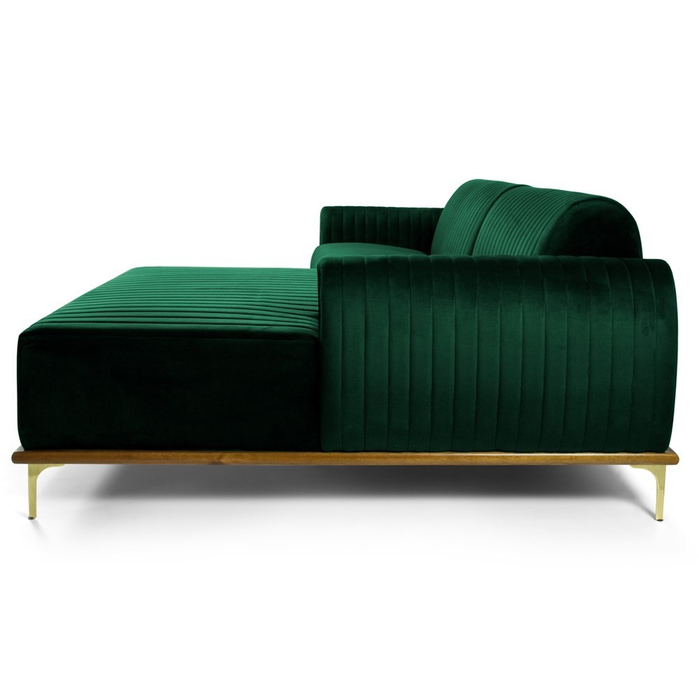 Sofá 350cm 6 Lugares com Chaise Direito Pés Gold Molino B-303 Veludo Verde Musgo - Domi