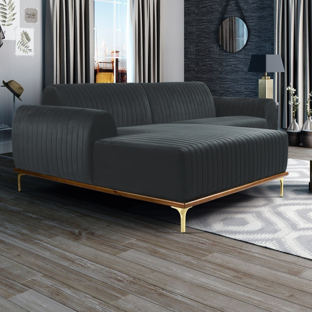 Sofá 350cm 6 Lugares com Chaise Esquerdo Pés Gold Molino B-317 Veludo Cinza - Domi