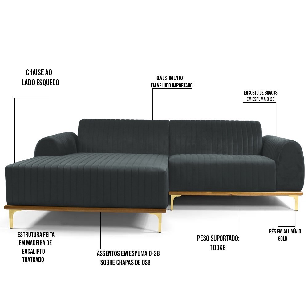 Sofá 350cm 6 Lugares com Chaise Esquerdo Pés Gold Molino B-317 Veludo Cinza - Domi
