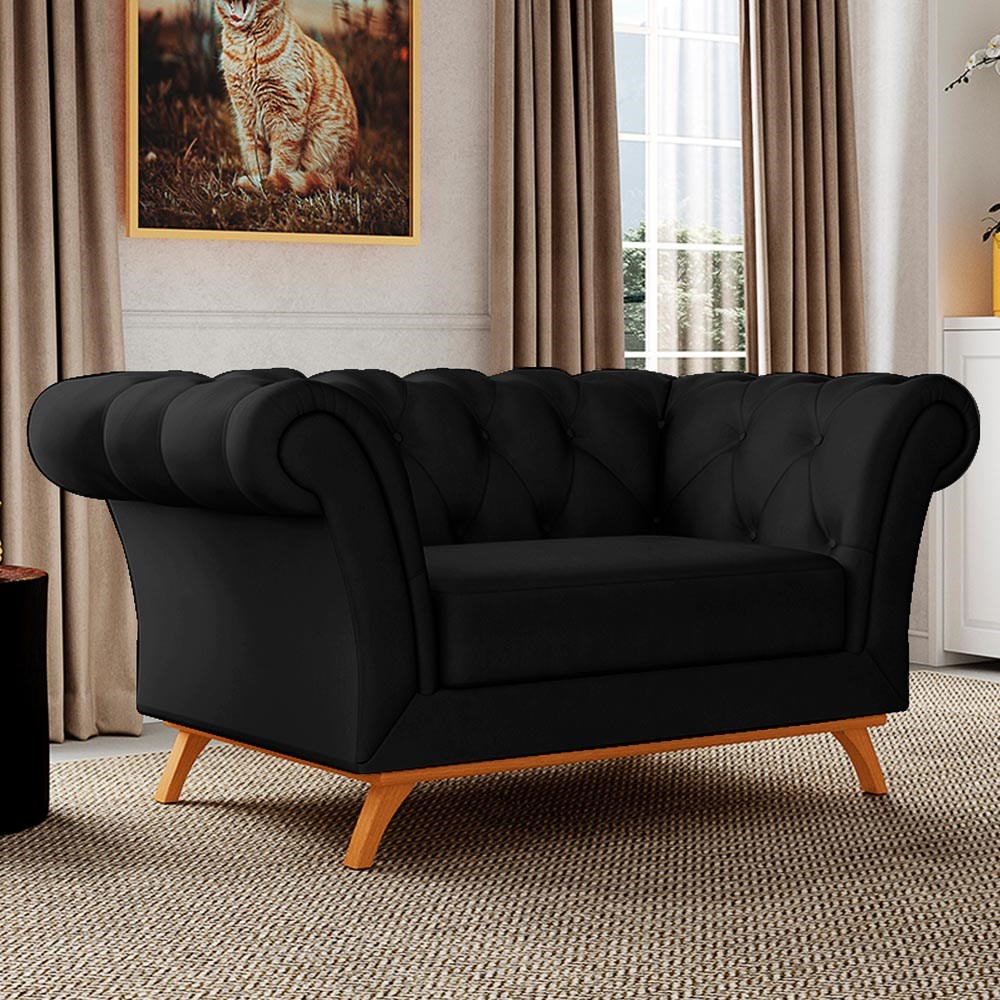 Sofá para Sala de Estar 150cm 1 Lugar Base Madeira Império B-300 Veludo Preto - Domi
