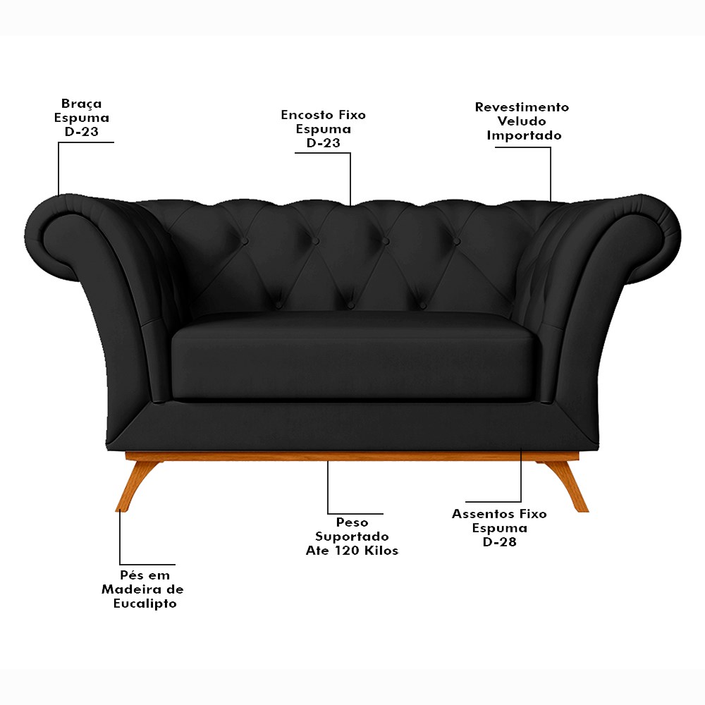 Sofá para Sala de Estar 150cm 1 Lugar Base Madeira Império B-300 Veludo Preto - Domi