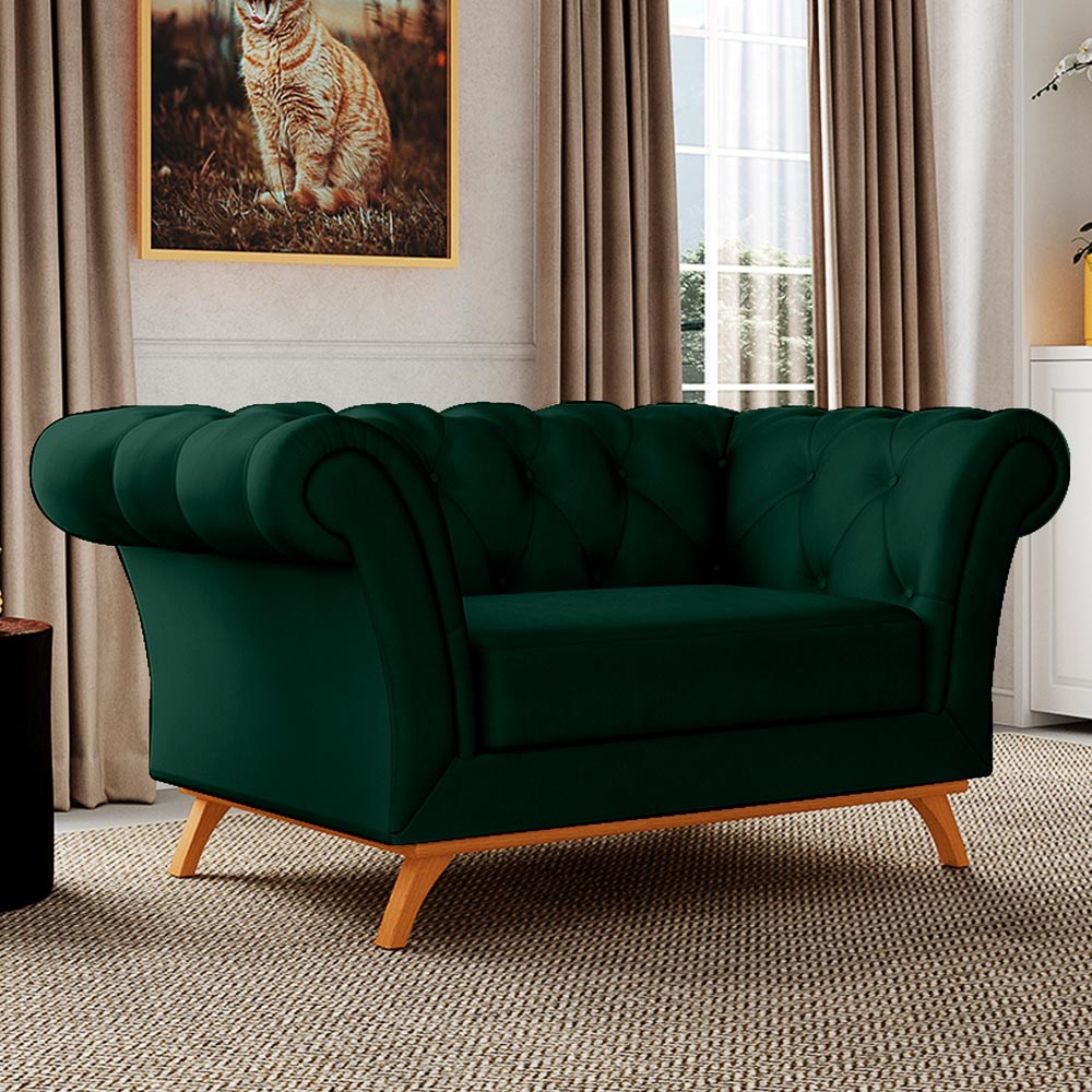 Sofá para Sala de Estar 150cm 1 Lugar Base Madeira Império B-303 Veludo Verde Musgo - Domi
