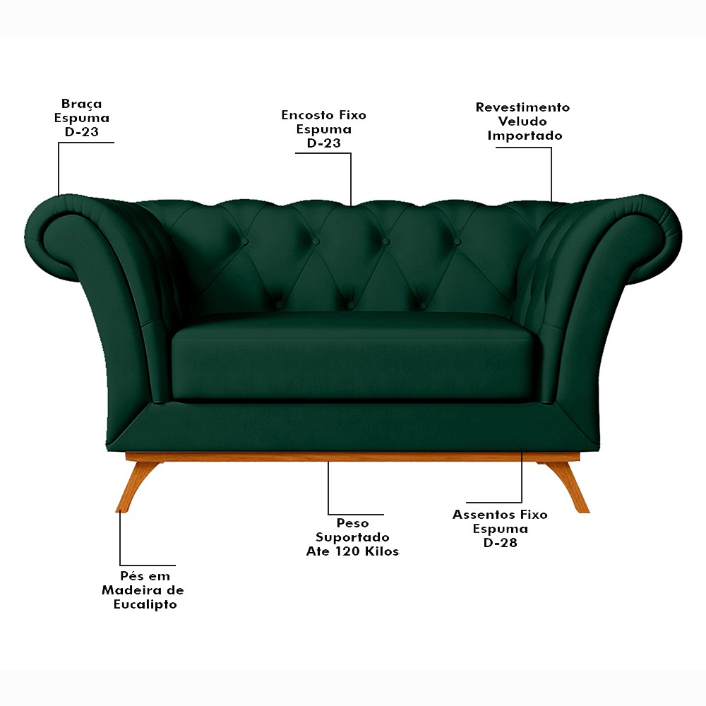Sofá para Sala de Estar 150cm 1 Lugar Base Madeira Império B-303 Veludo Verde Musgo - Domi