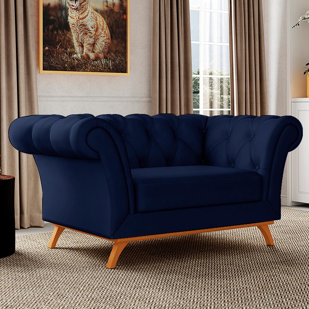 Sofá para Sala de Estar 150cm 1 Lugar Base Madeira Império B-304 Veludo Azul Marinho- Domi