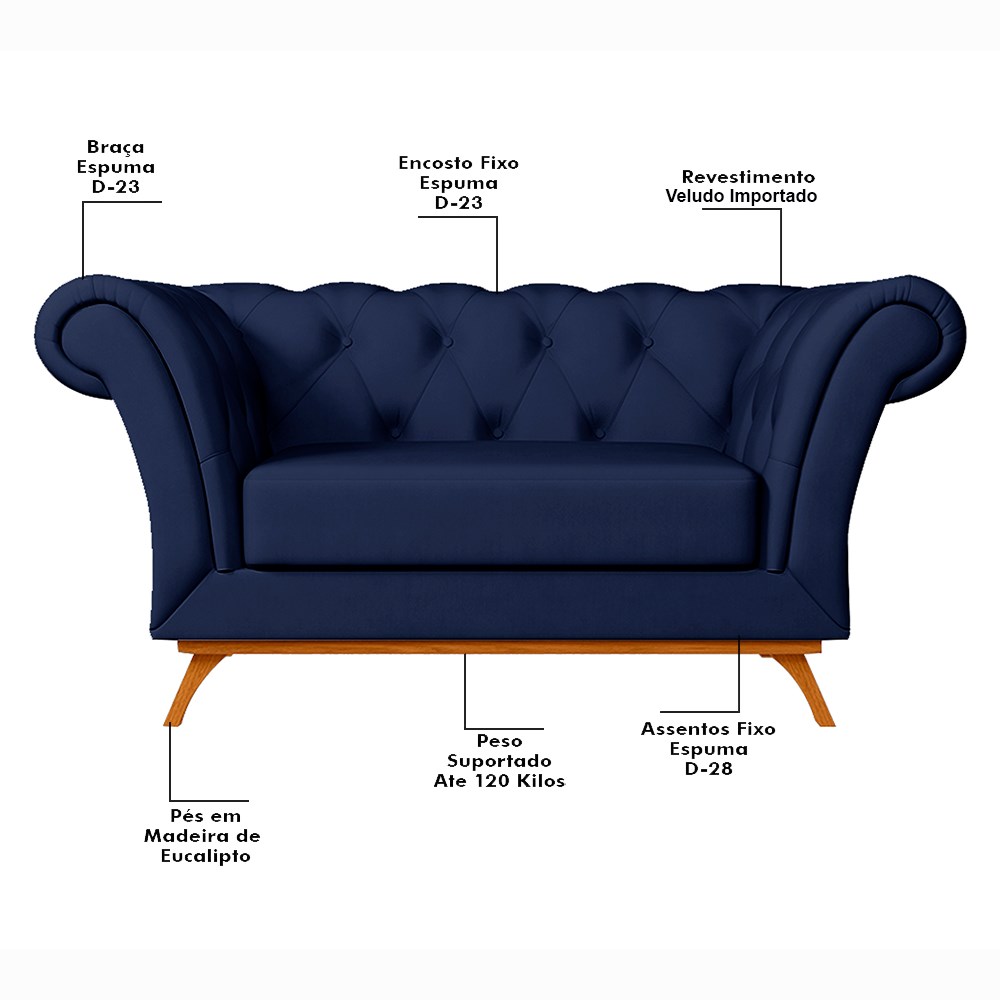 Sofá para Sala de Estar 150cm 1 Lugar Base Madeira Império B-304 Veludo Azul Marinho- Domi