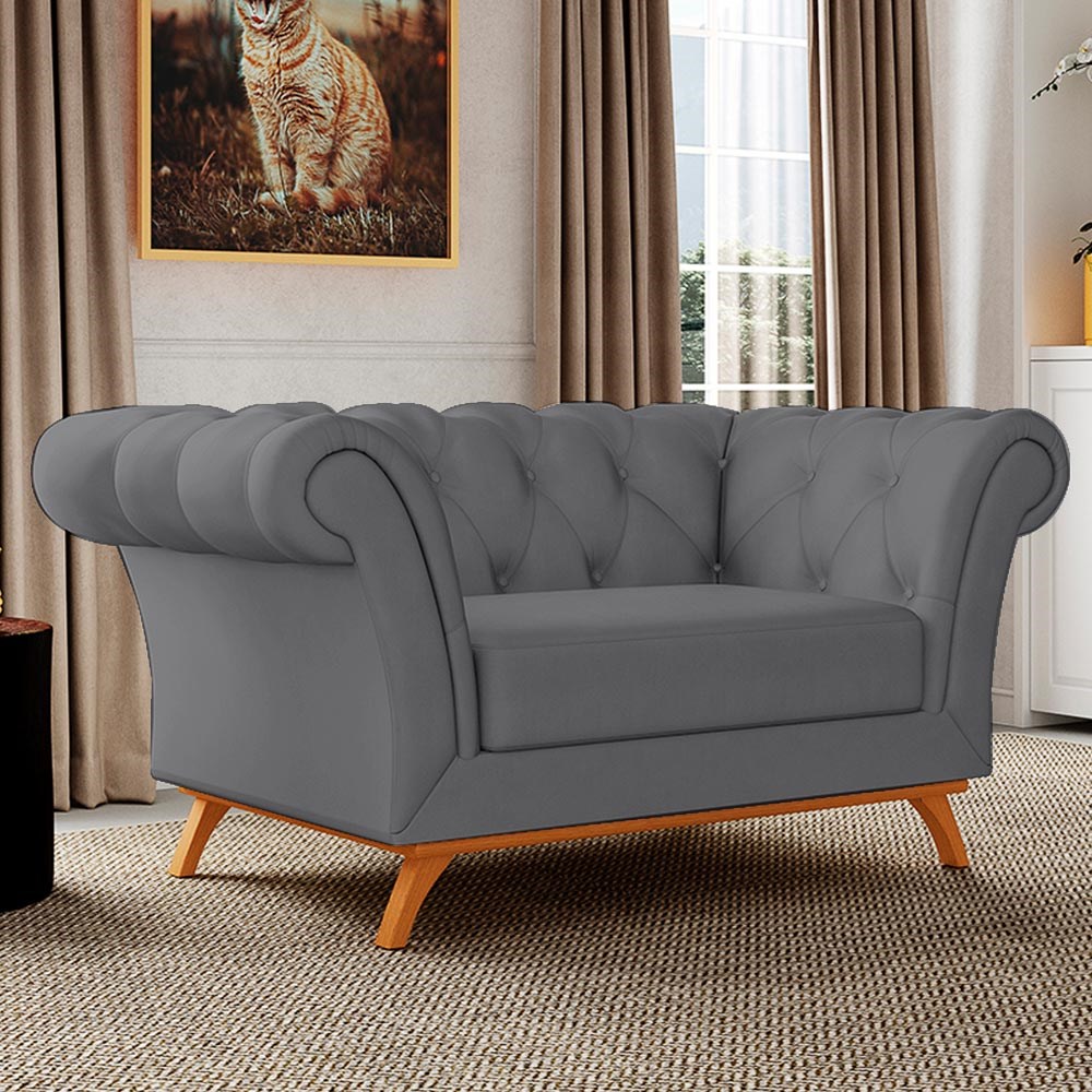 Sofá para Sala de Estar 150cm 1 Lugar Base Madeira Império B-317 Veludo Cinza - Domi