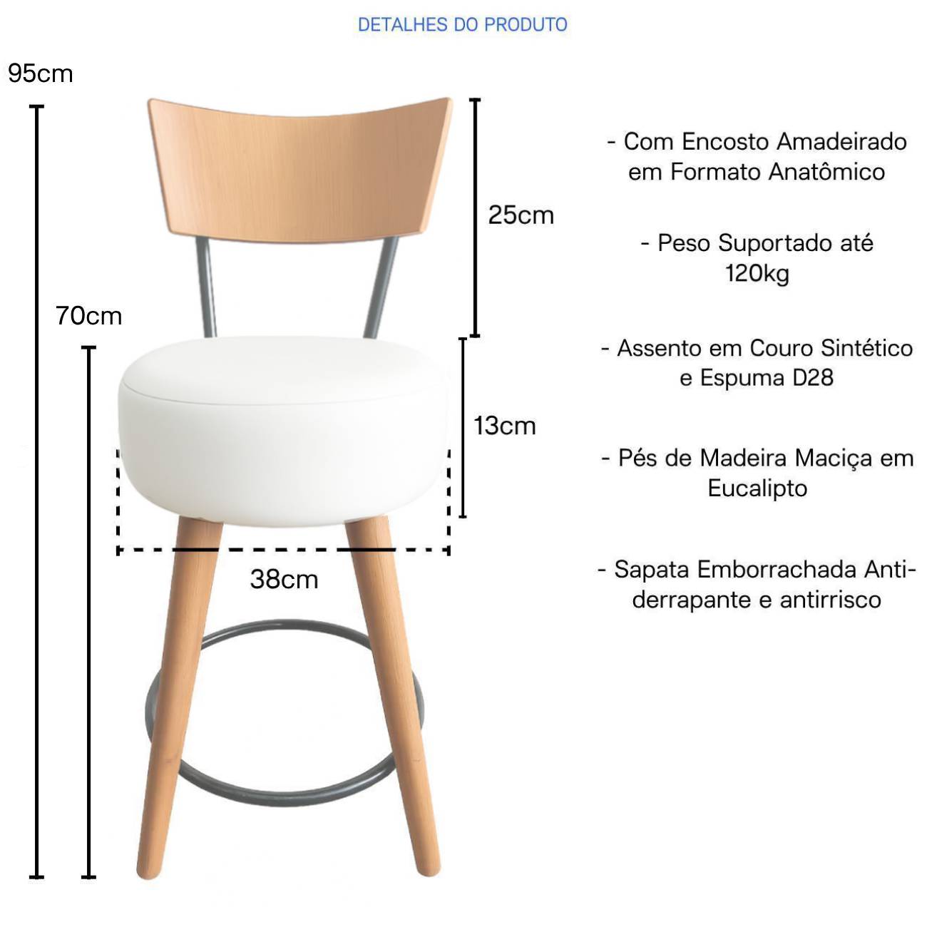 Banqueta Alta Cozinha Estofada Off-White Com Encosto Madeira Urban