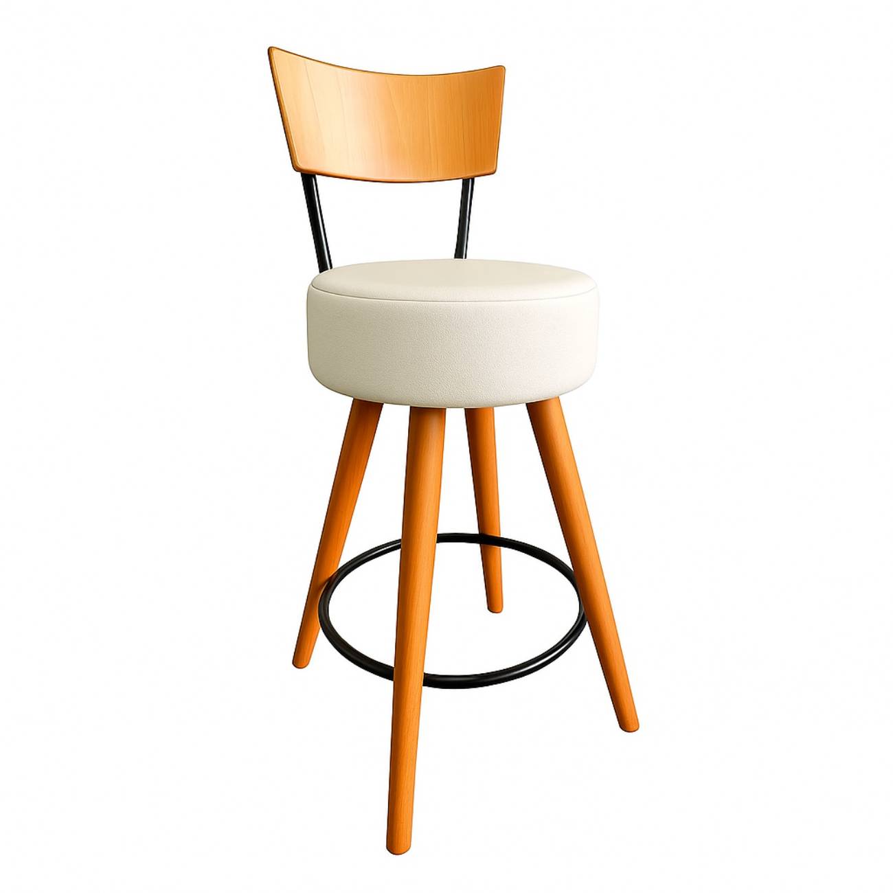 Banqueta Média Cozinha Estofada Off-White Com Encosto Madeira Urban