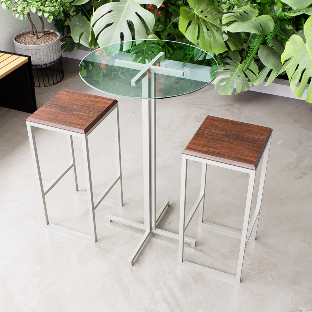 Conjunto Mesa Alta Bar Bistrô Redonda Vidro 2 Bancos Imbuia Industrial White