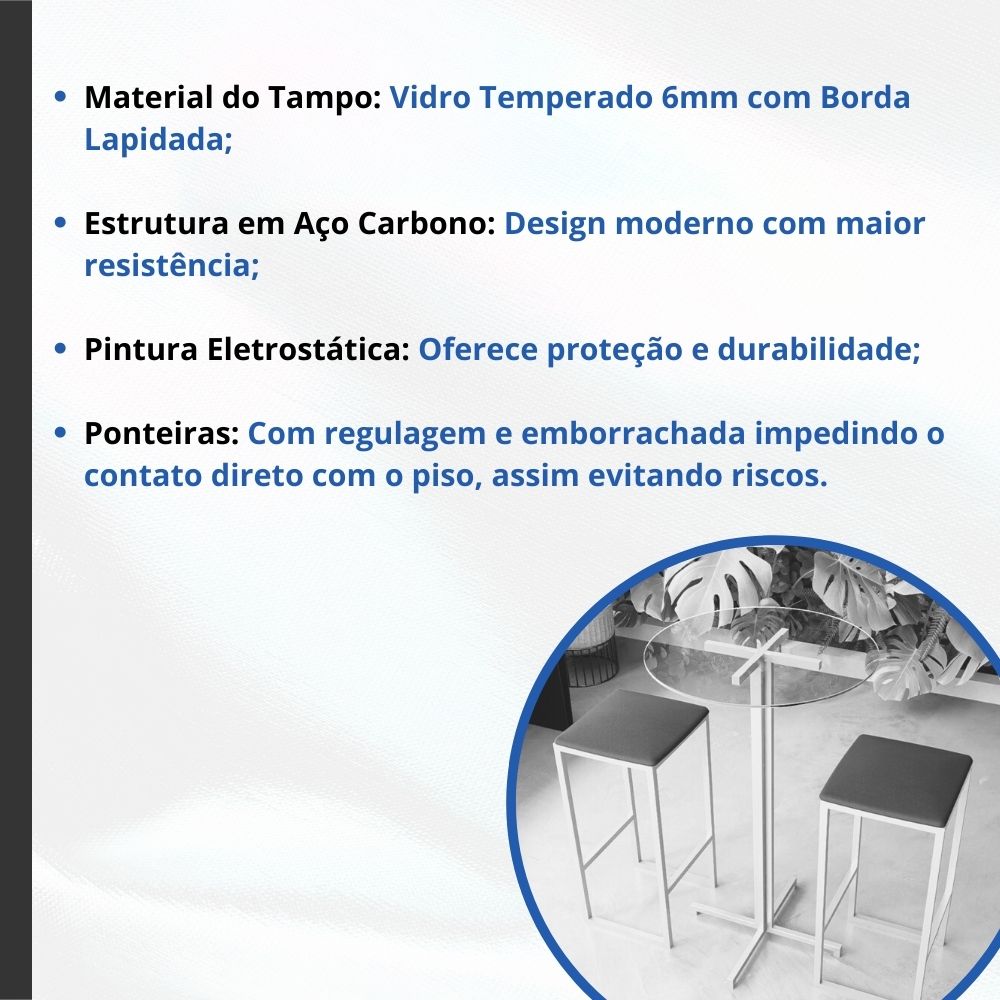 Conjunto Mesa Alta Bar Bistrô Redonda Vidro 2 Bancos Imbuia Industrial White