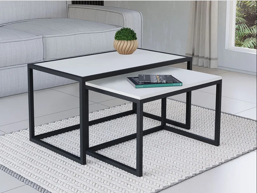 Conjunto Mesa De Centro Industrial 65cm e 60cm Aço Preto Duo Madeira Branca