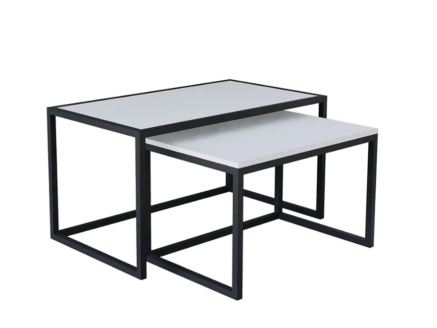 Conjunto Mesa De Centro Industrial 65cm e 60cm Aço Preto Duo Madeira Branca