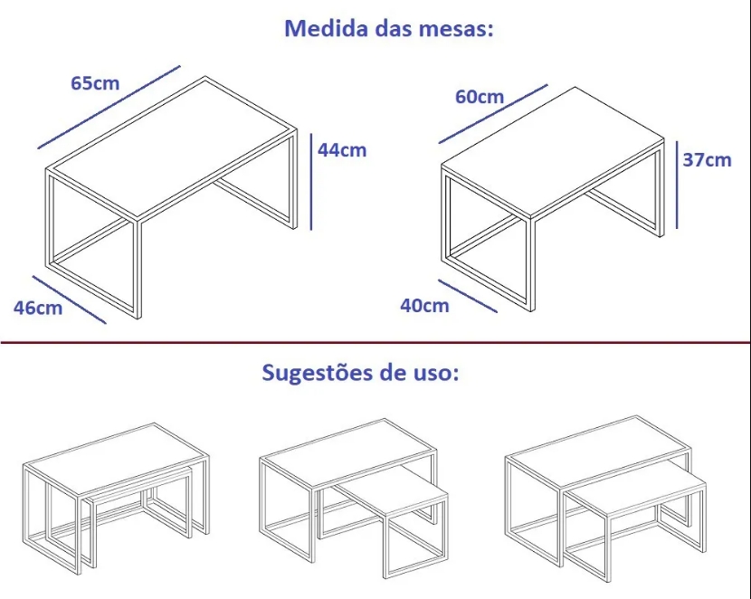 Conjunto Mesa De Centro Industrial 65cm e 60cm Aço Preto Duo Madeira Branca