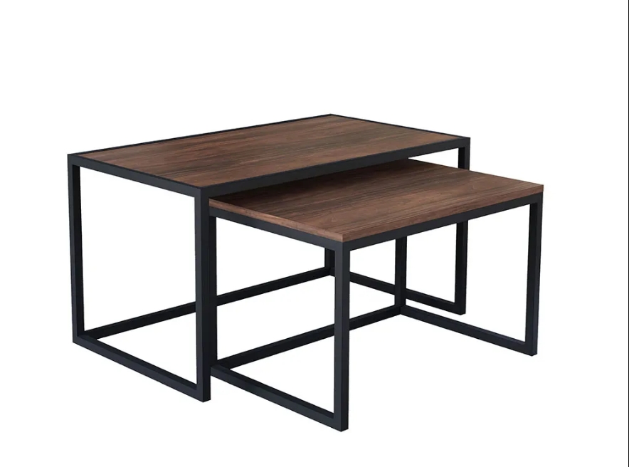 Conjunto Mesa De Centro Industrial 65cm e 60cm Aço Preto Duo Madeira Imbuia