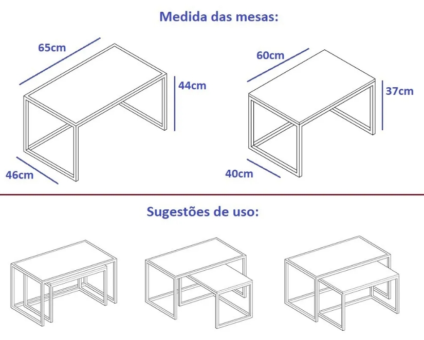 Conjunto Mesa De Centro Industrial 65cm e 60cm Aço Preto Duo Madeira Imbuia